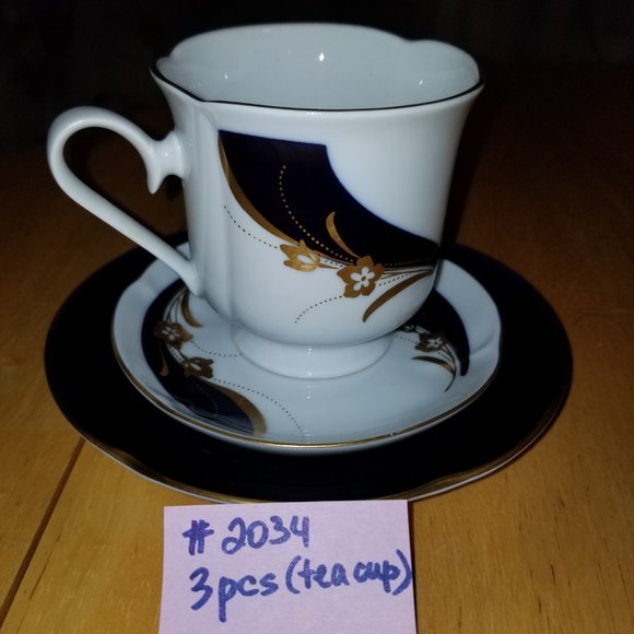 2034 Collectible 1 Tea Cup Germany Freiberger Porzellan Cobal Blue White Gold - Picture 2 of 6